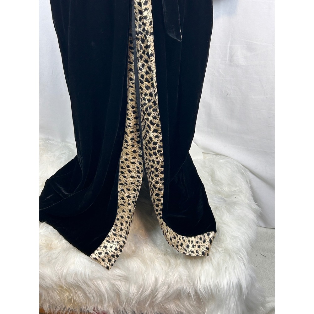 August Silk Velvet Robe Women Size 8 Black Leopard Trim Long Duster - Picture 4 of 11